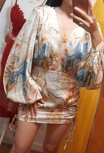 LUXXEL Trendy Puff Sleeve Adjustable Length Dress Size Medium